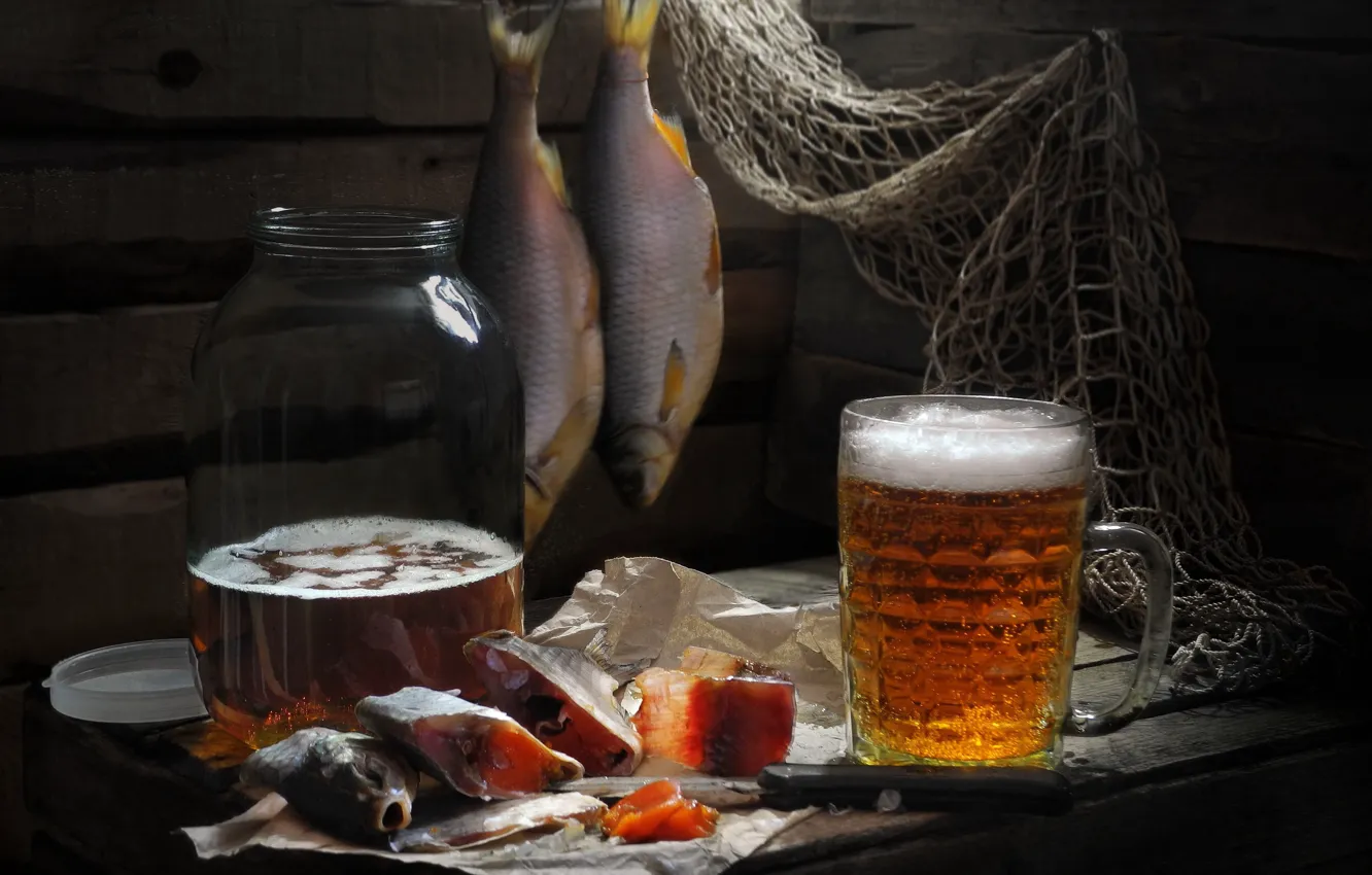 Photo wallpaper network, Board, beer, fish, knife, mug, Bank, Sergey Pounder