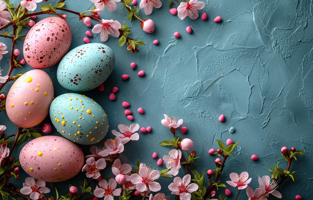 Photo wallpaper flowers, eggs, spring, colorful, Easter, pink, blossom, flowers