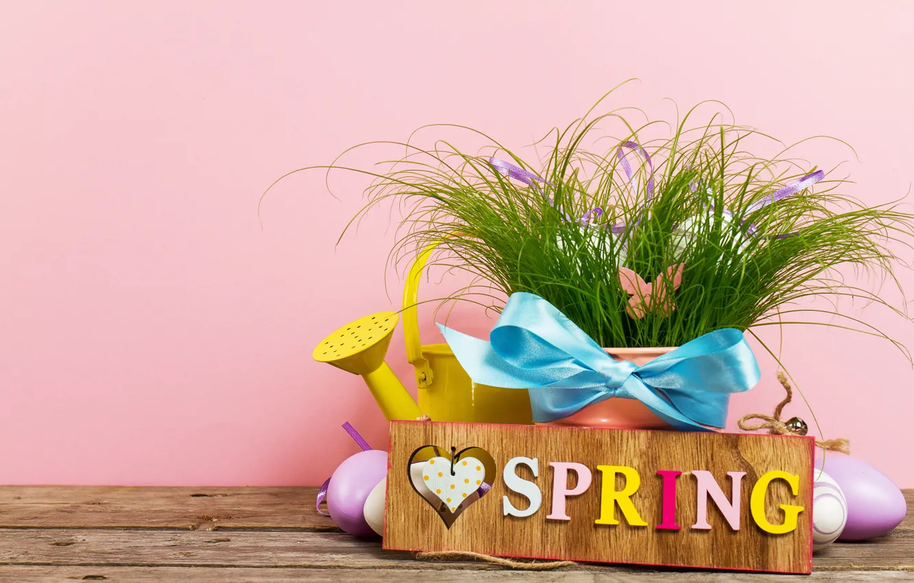 Photo wallpaper eggs, spring, Easter, grass, happy, wood, spring, Easter