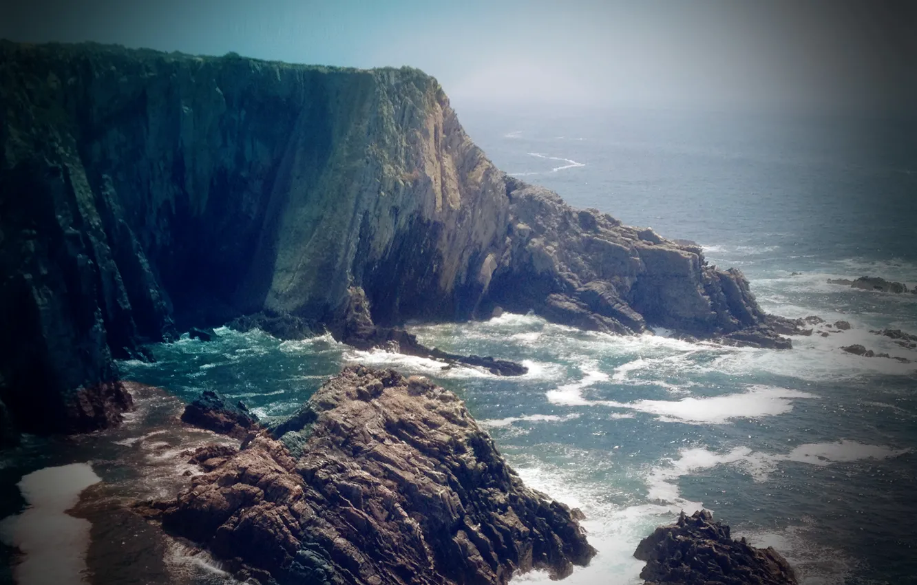 Photo wallpaper rock, sea, nature, blue, water, wave, vignette