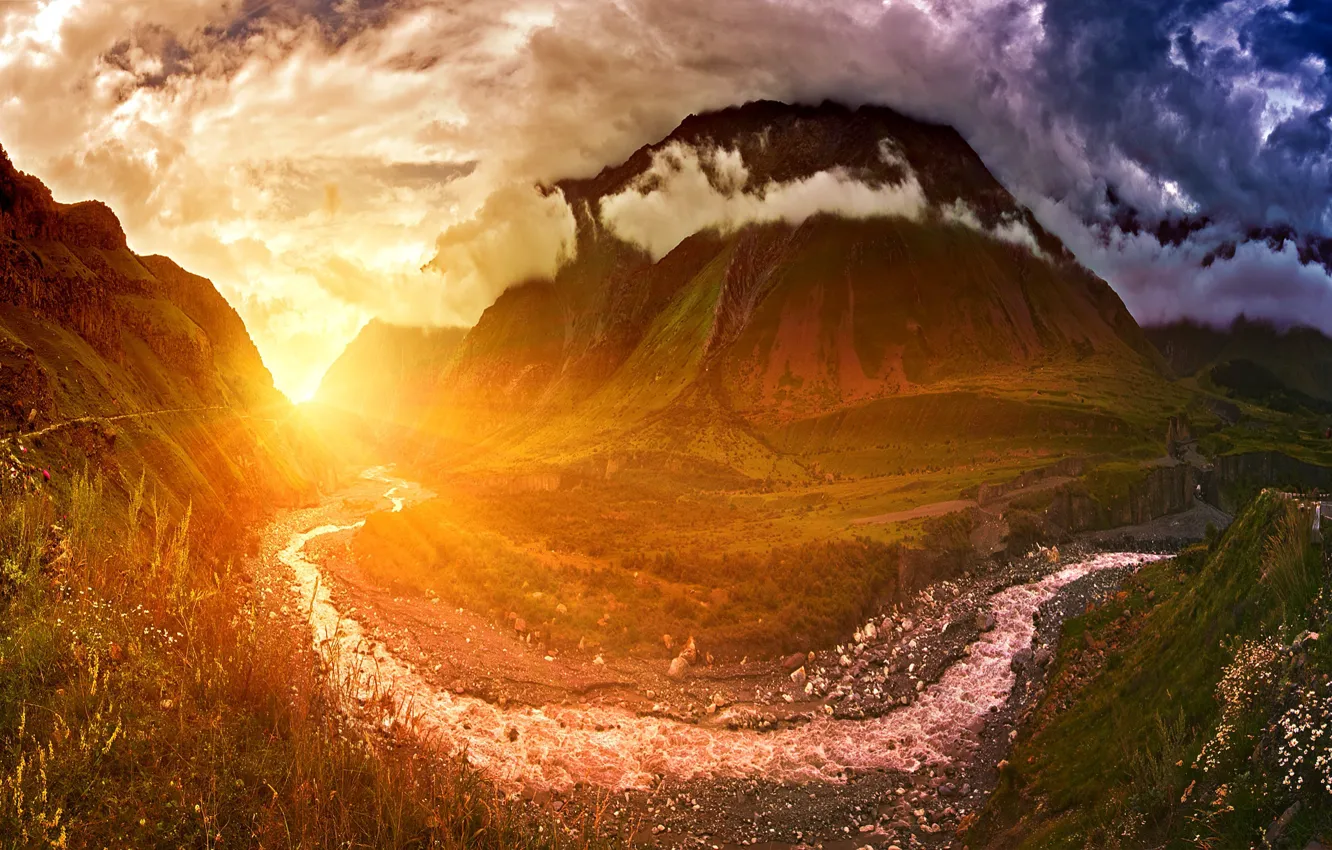 Photo wallpaper the sky, water, clouds, landscape, sunset, mountains, nature, stream