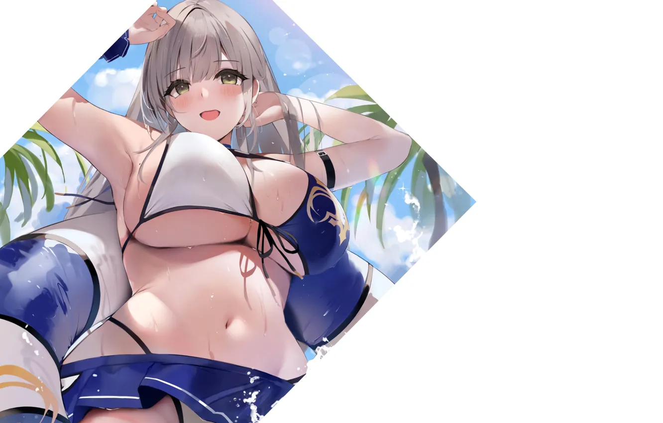 Photo wallpaper girl, wet, beach, ocean, anime, pretty, breasts, big boobs
