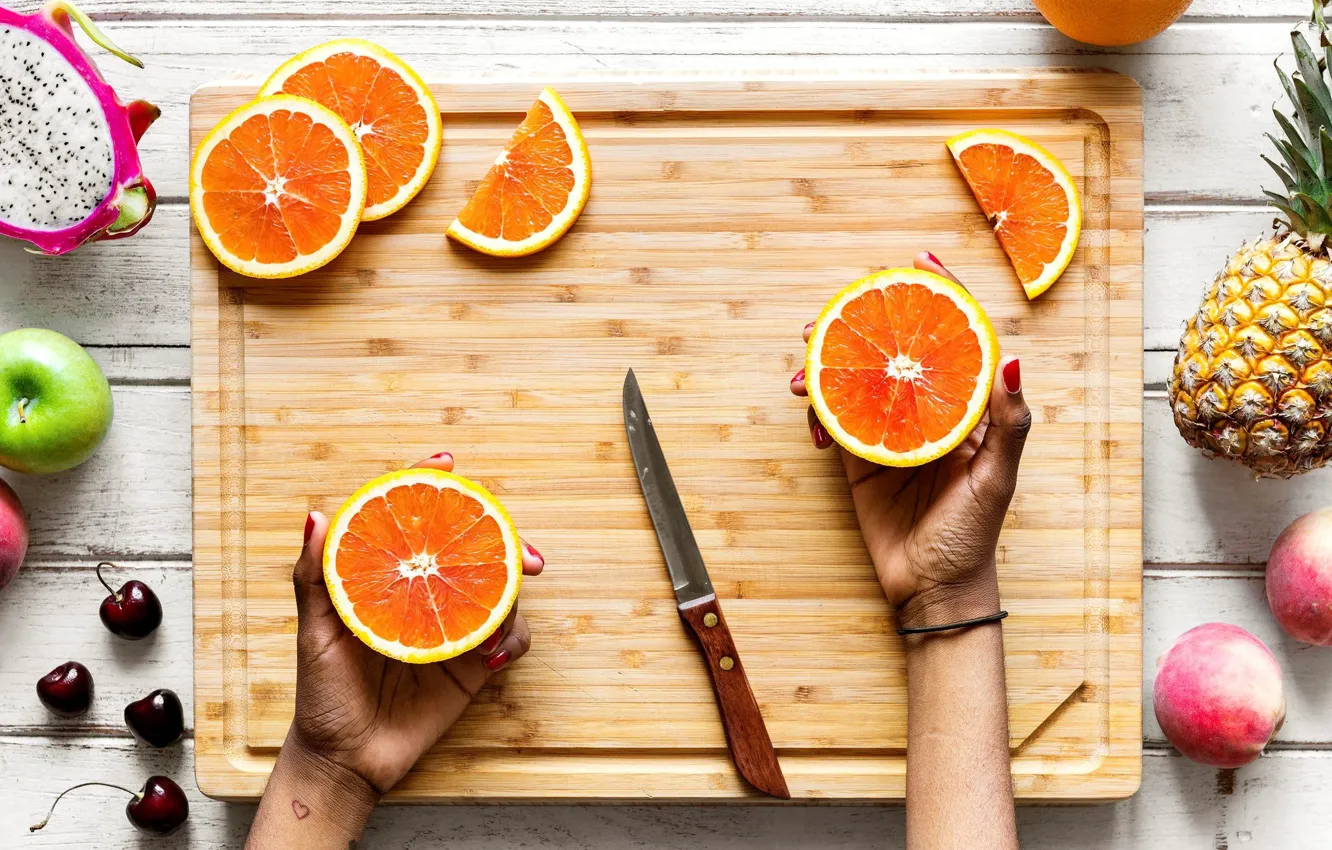 Photo wallpaper Apple, oranges, knife, fruit, pineapple