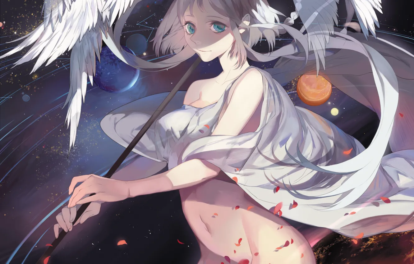 Photo wallpaper the sky, girl, space, stars, smile, planet, wings, anime