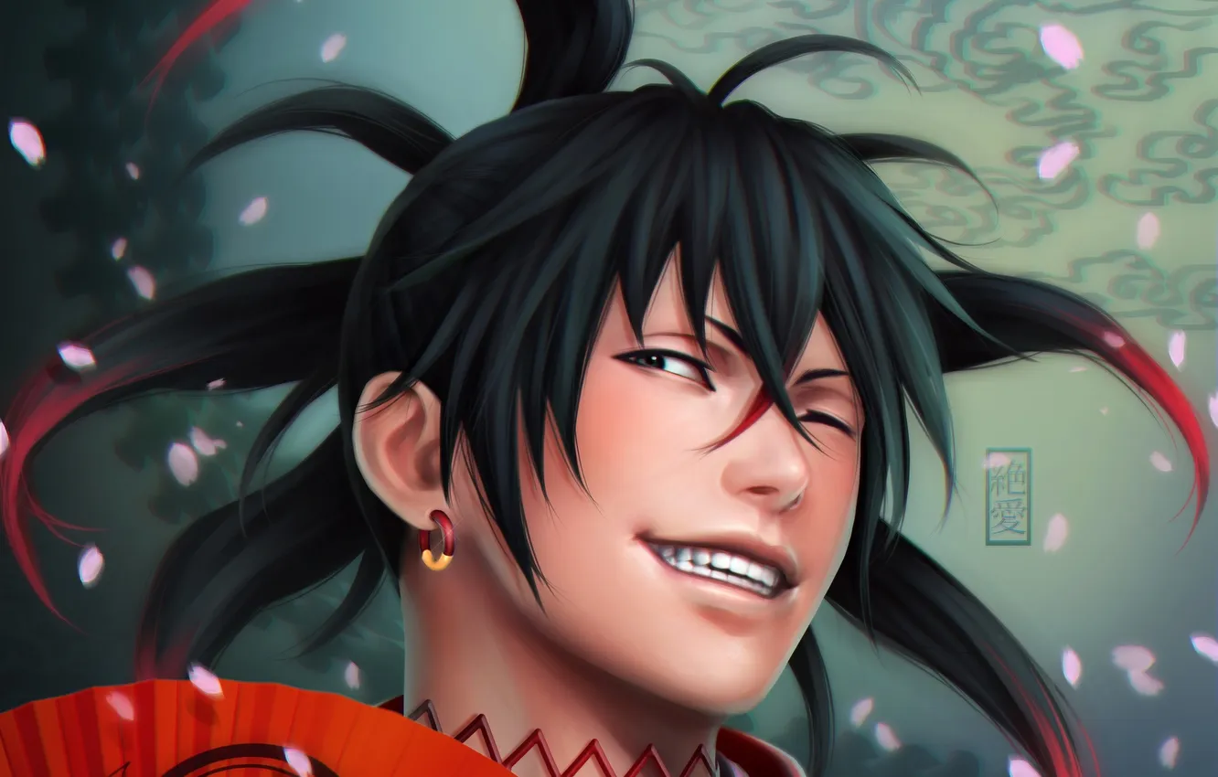 Photo wallpaper smile, petals, fan, guy, art, Zetsuai89, winks