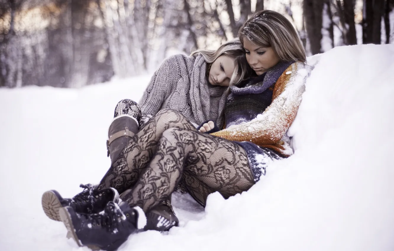 Photo wallpaper winter, girl, snow, two