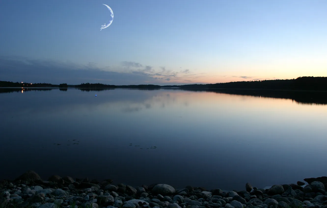 Photo wallpaper river, stones, a month, twilight, DreamWorks