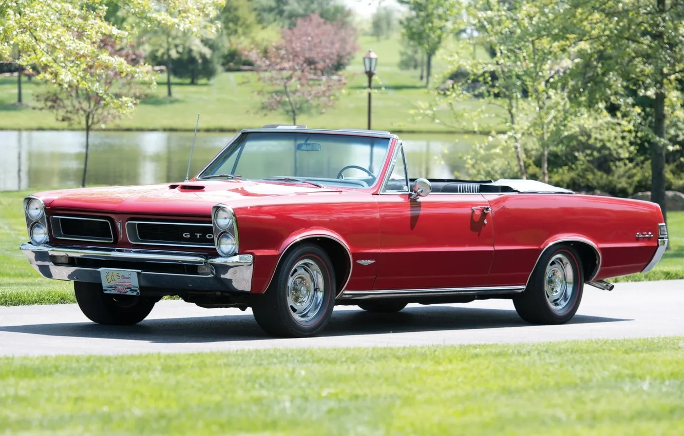 Photo wallpaper red, background, muscle car, 1965, Pontiac, GTO, muscle car, the front