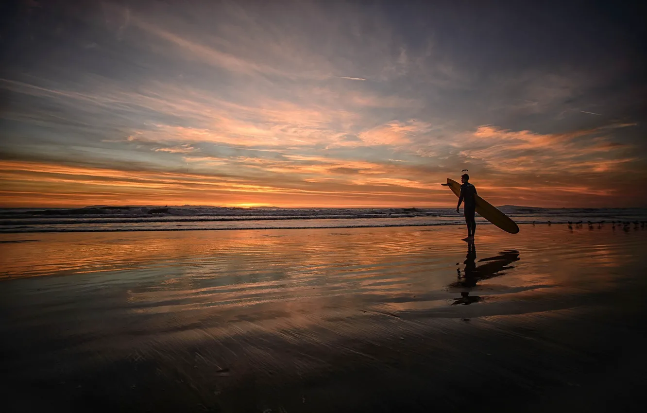 Photo wallpaper sand, the sky, dawn, shore, Board, dal, horizon, surfer