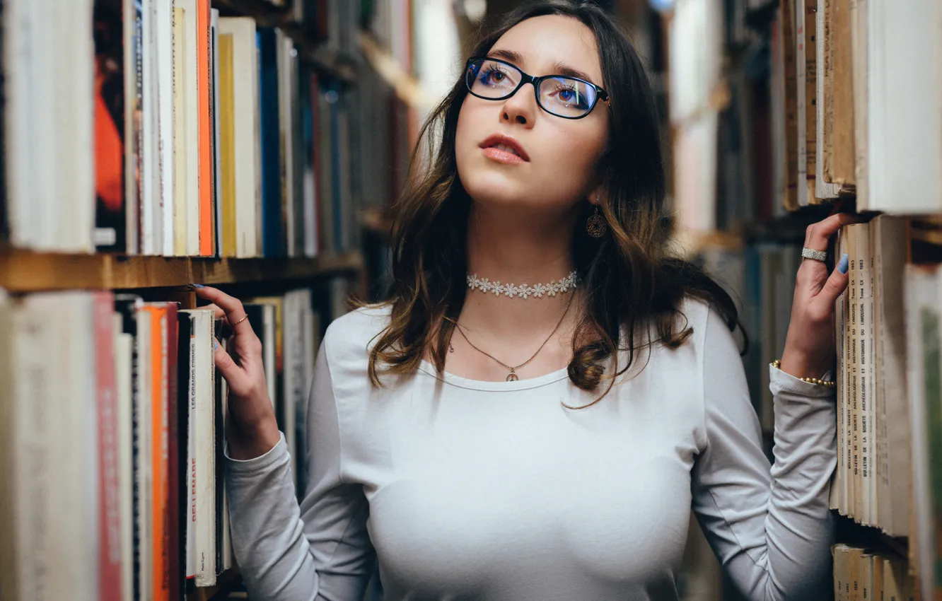 Photo wallpaper girl, glasses, book, library