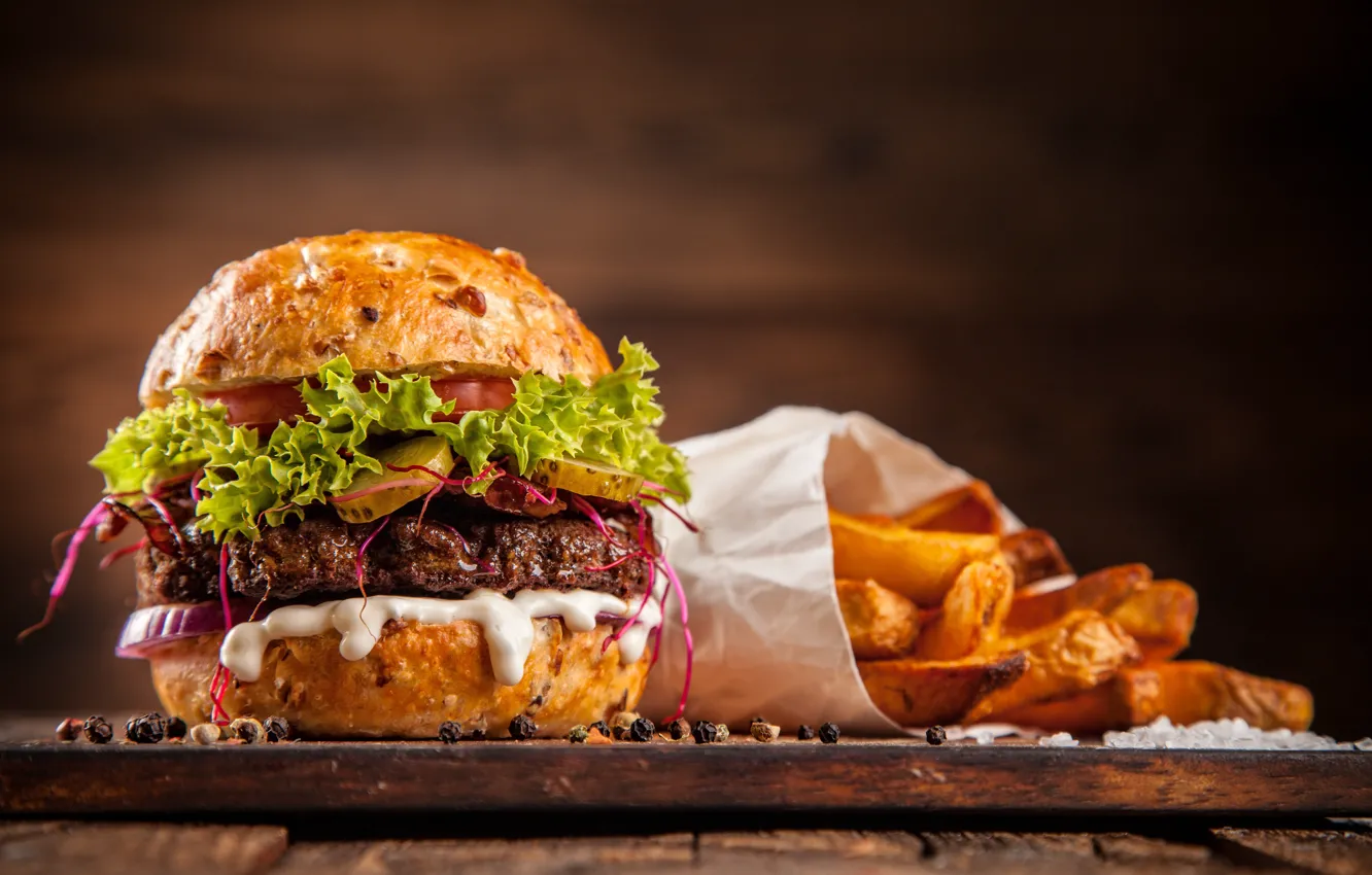Photo wallpaper greens, French fries, roll, hamburger