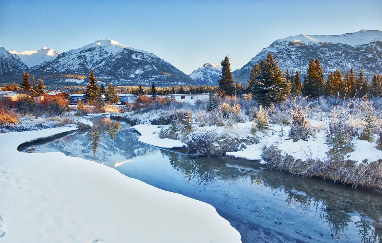 Photo wallpaper winter, snow, mountains, stream