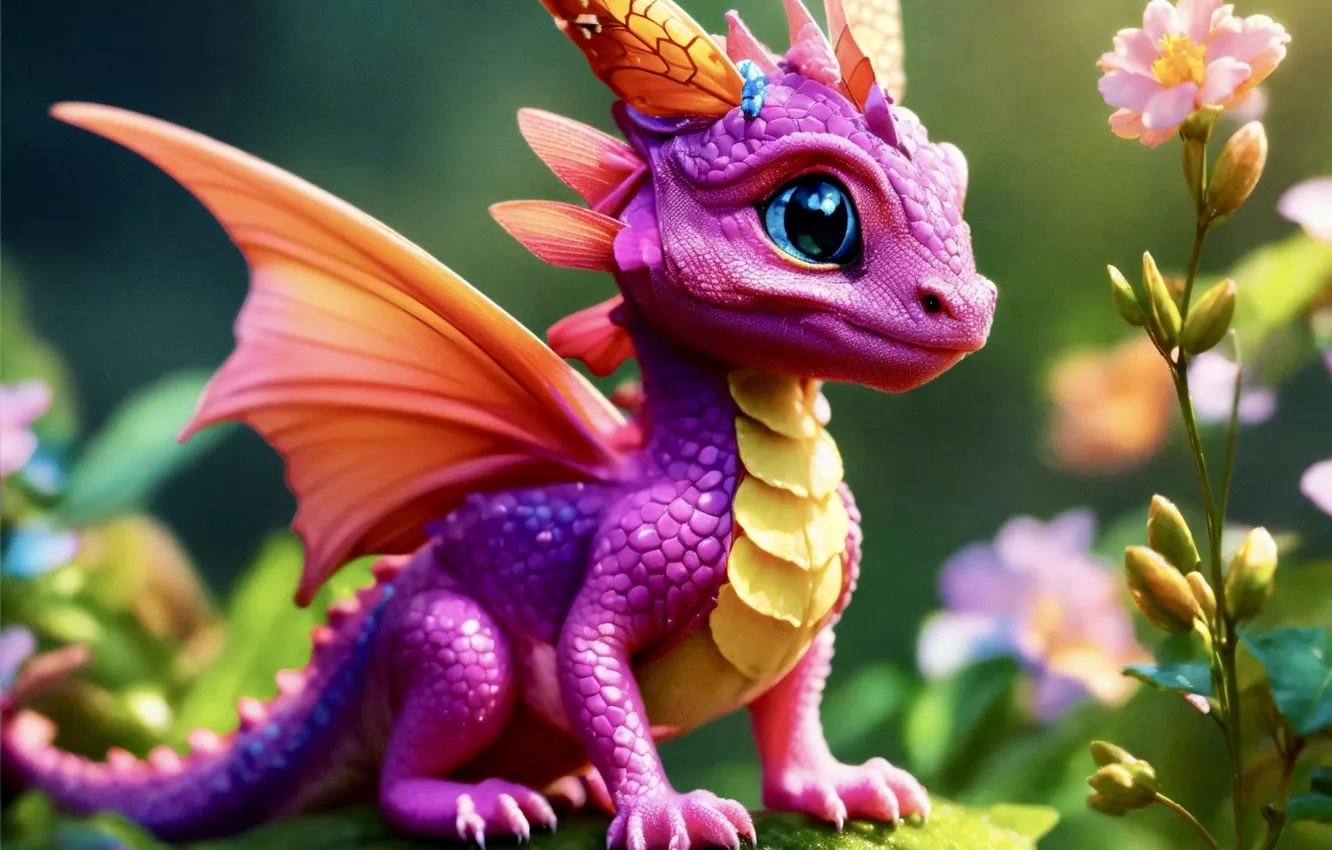 Photo wallpaper flowers, dragon, moss, horns, pink, cub, face, dragon