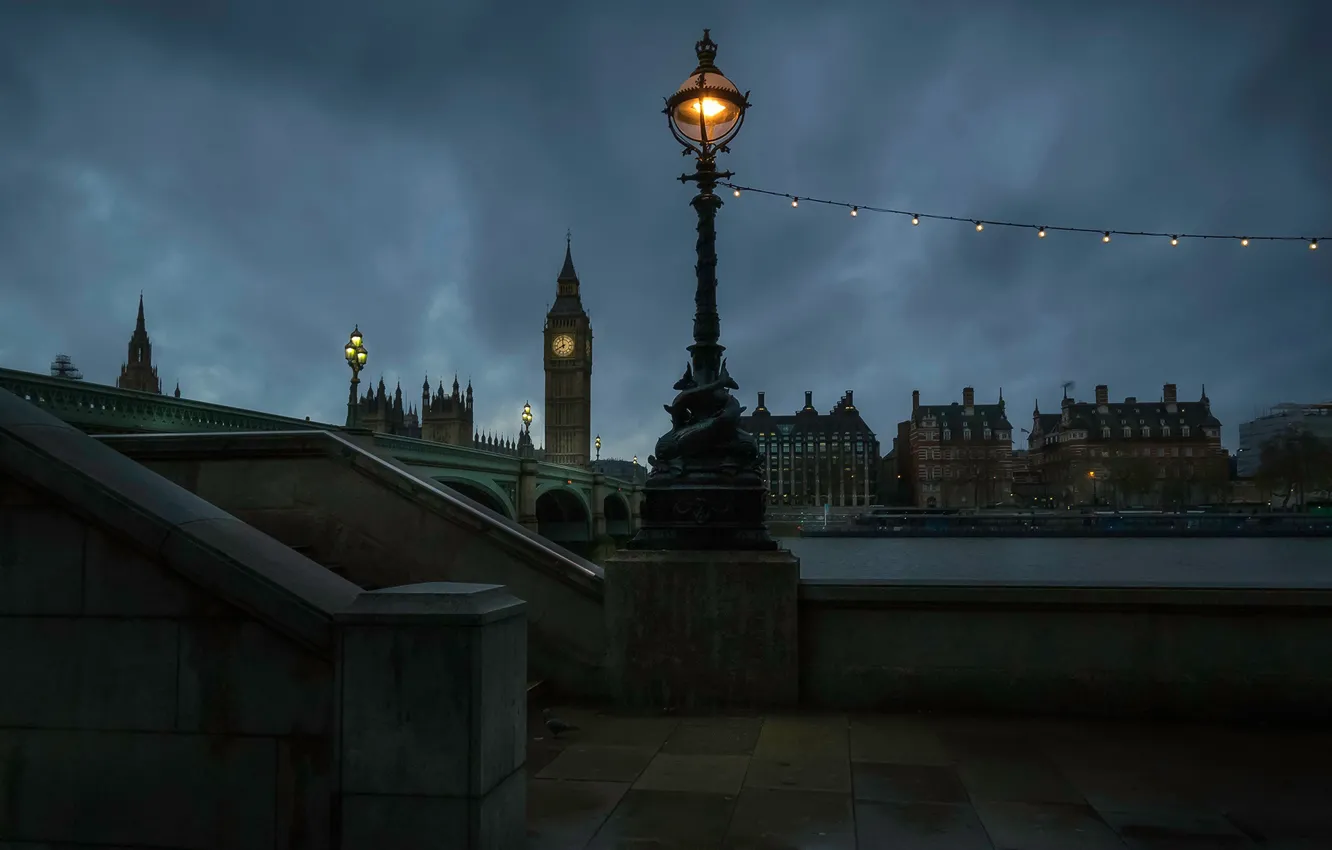Photo wallpaper night, bridge, lights, river, watch, England, London, tower