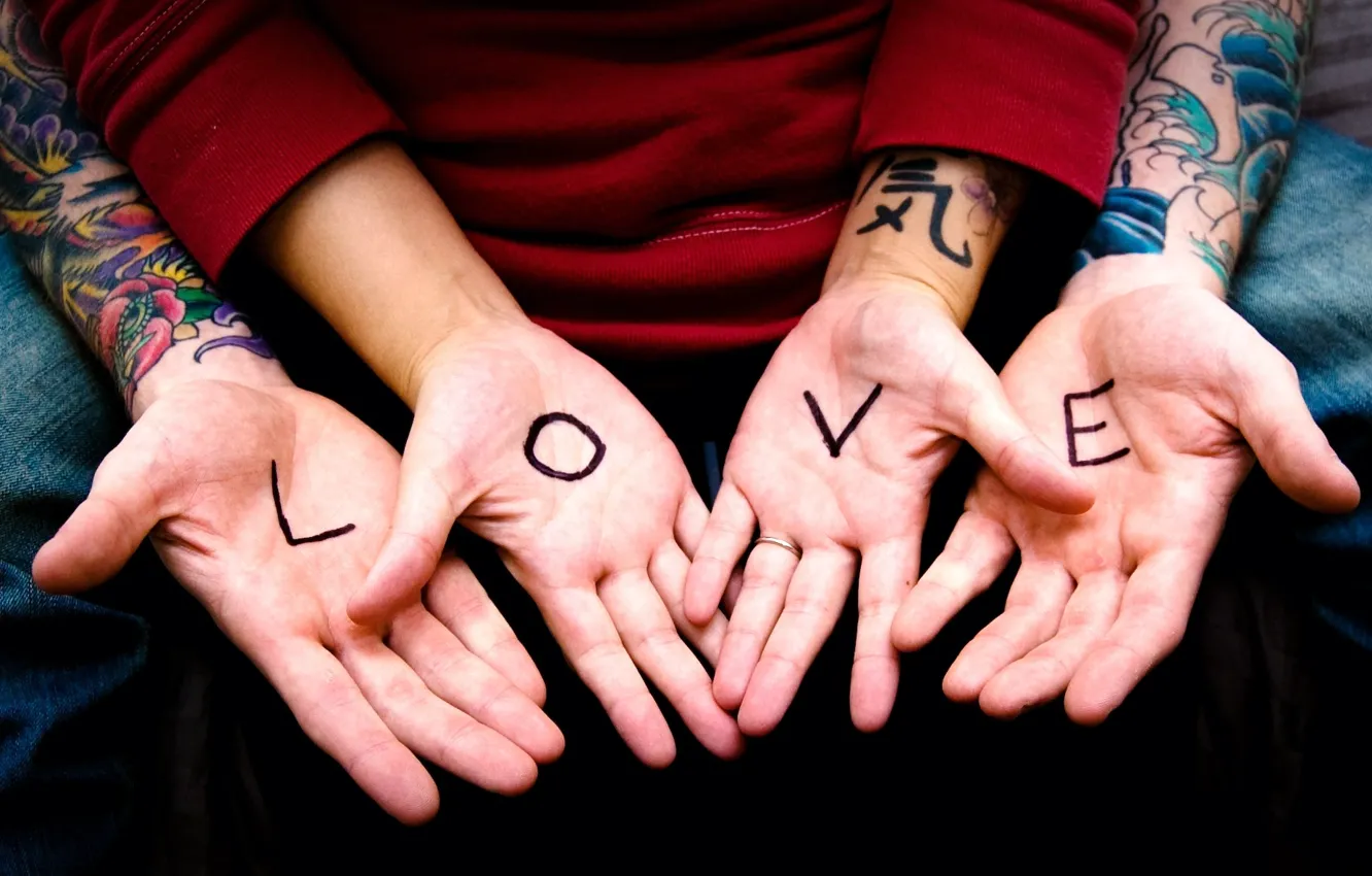 Photo wallpaper girl, love, letters, hands, tattoo, guy