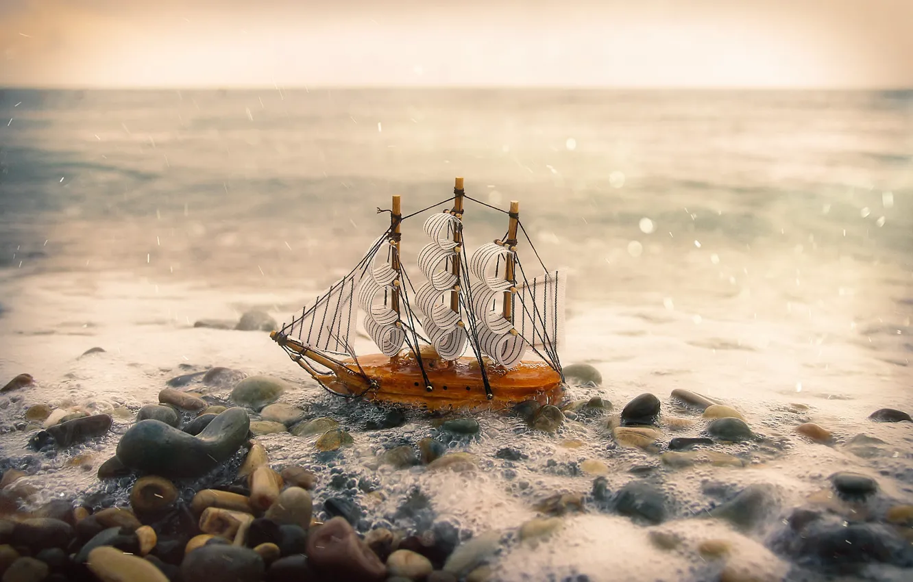Photo wallpaper sea, wave, pebbles, stones, rain, model, ship, sailboat