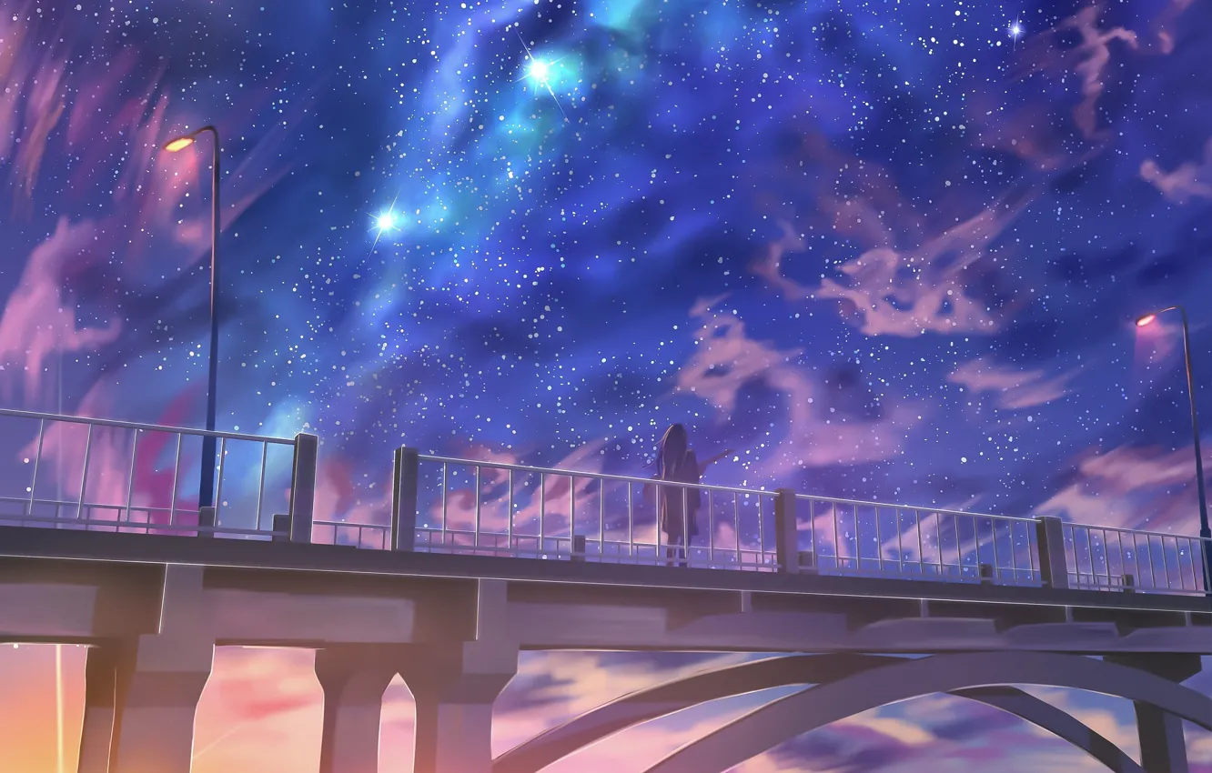 Photo wallpaper sunset, bridge, lights