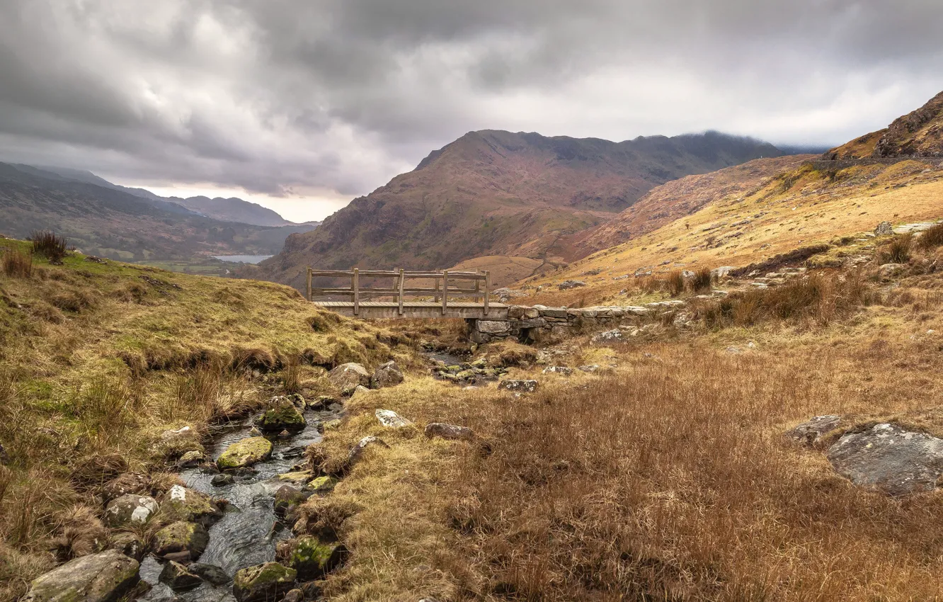 Photo wallpaper mountains, stream, the bridge, Wales, Nant Gwynant