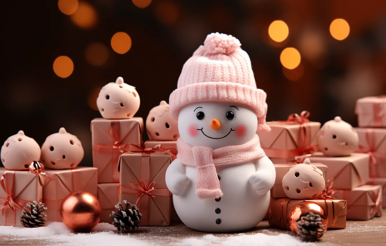 Photo wallpaper winter, snow, new year, Christmas, snowman, AI art, neural network