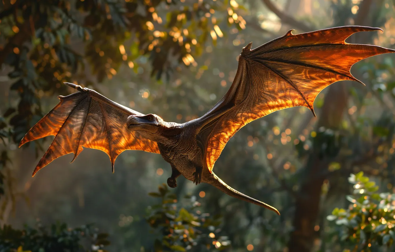 Photo wallpaper trees, flight, animal, wings, dinosaur, pterodactyl, digital art, Ancient animals