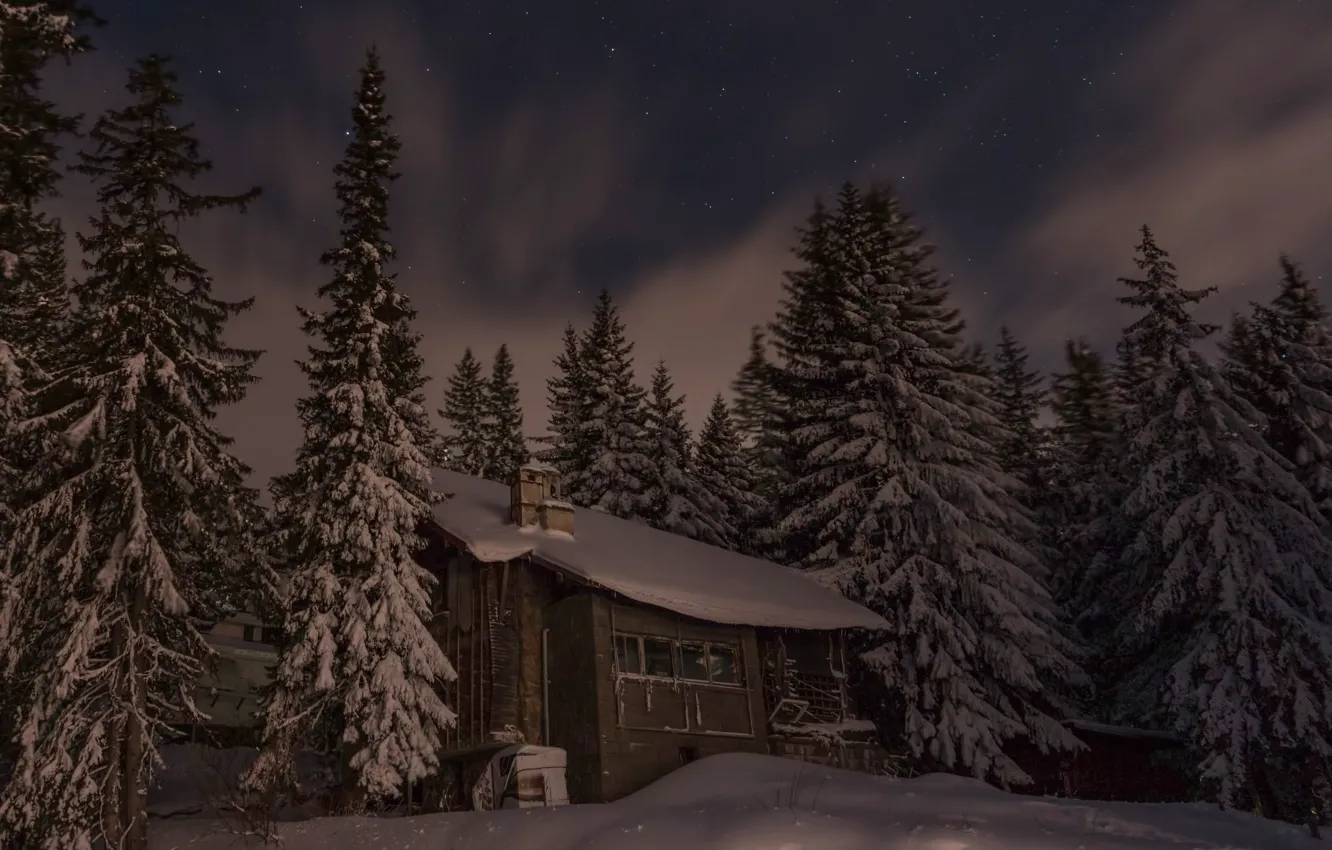 Photo wallpaper winter, snow, trees, landscape, night, nature, house, ate