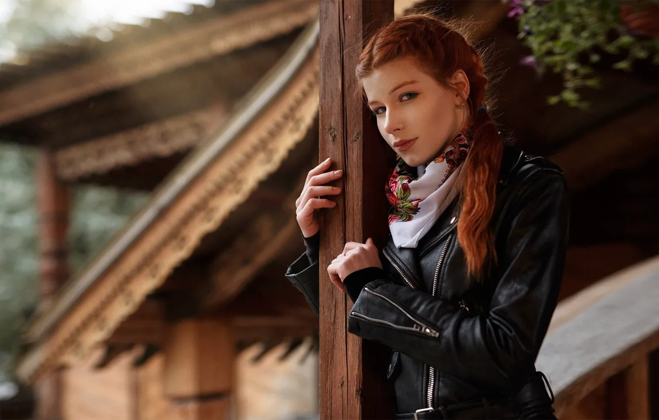 Photo wallpaper look, girl, black, portrait, makeup, jacket, hairstyle, red