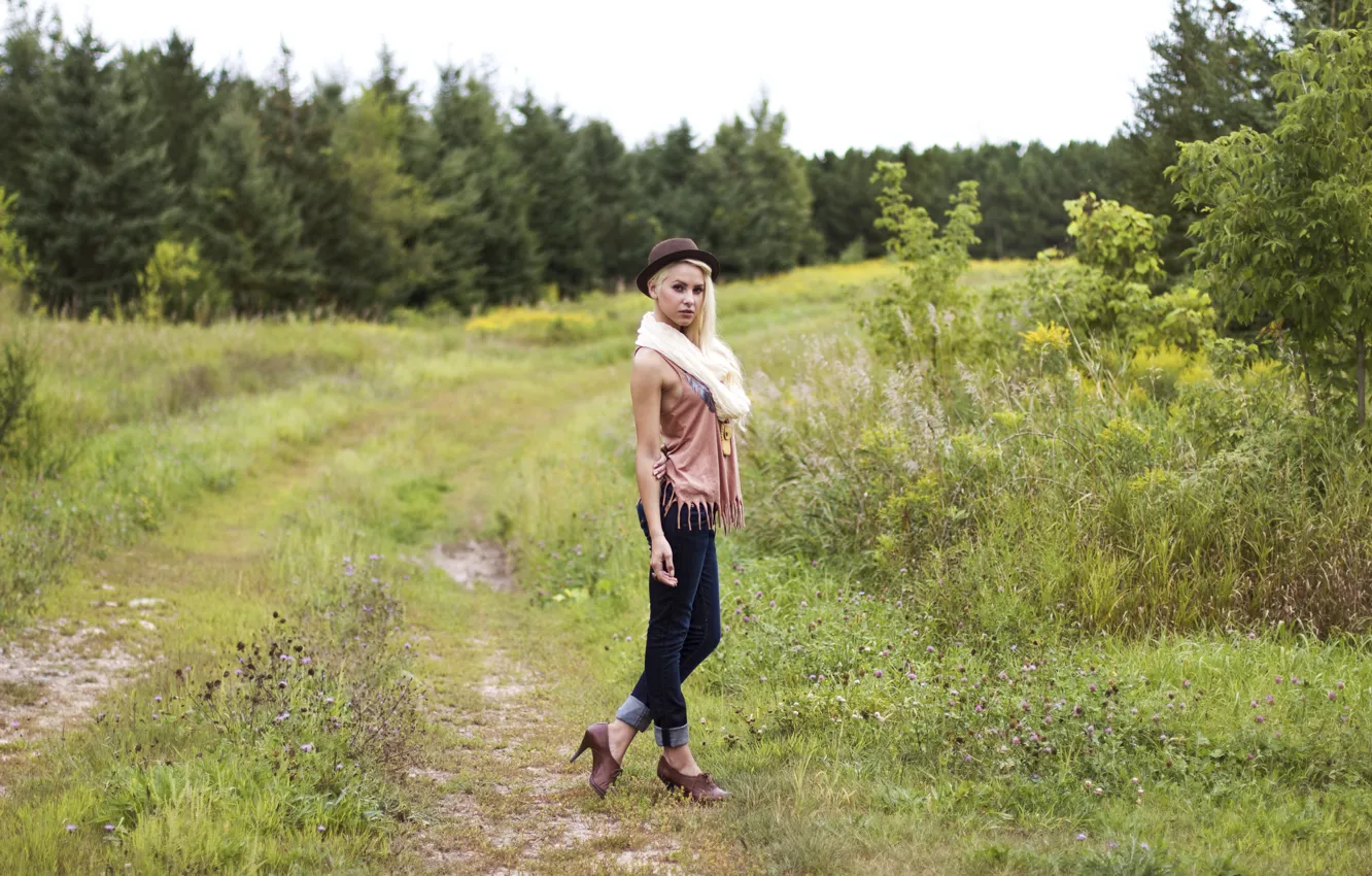 Photo wallpaper girl, field, hat, nature, woman, model, leather, jeans