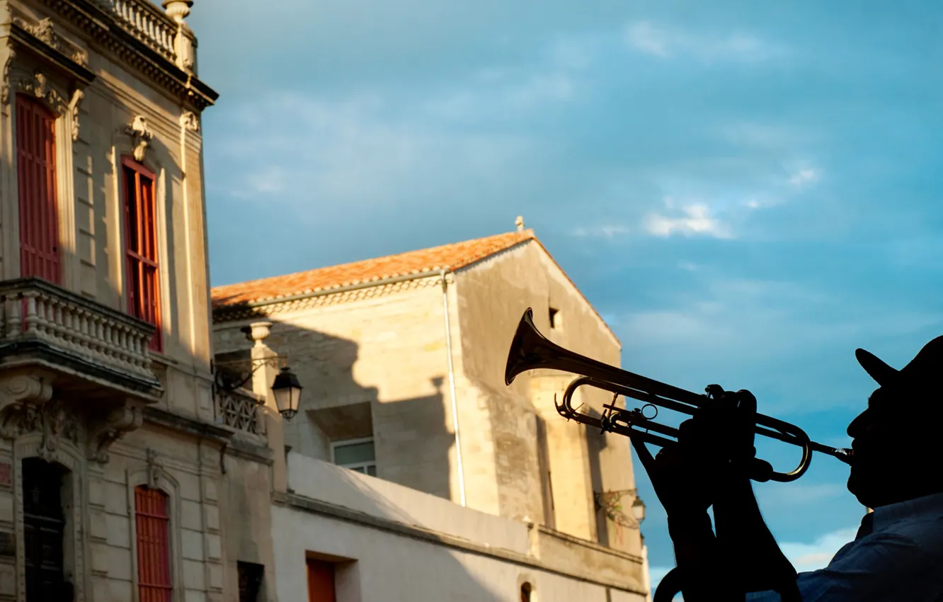 Wallpaper the city, home, hat, silhouette, trumpeter images for desktop