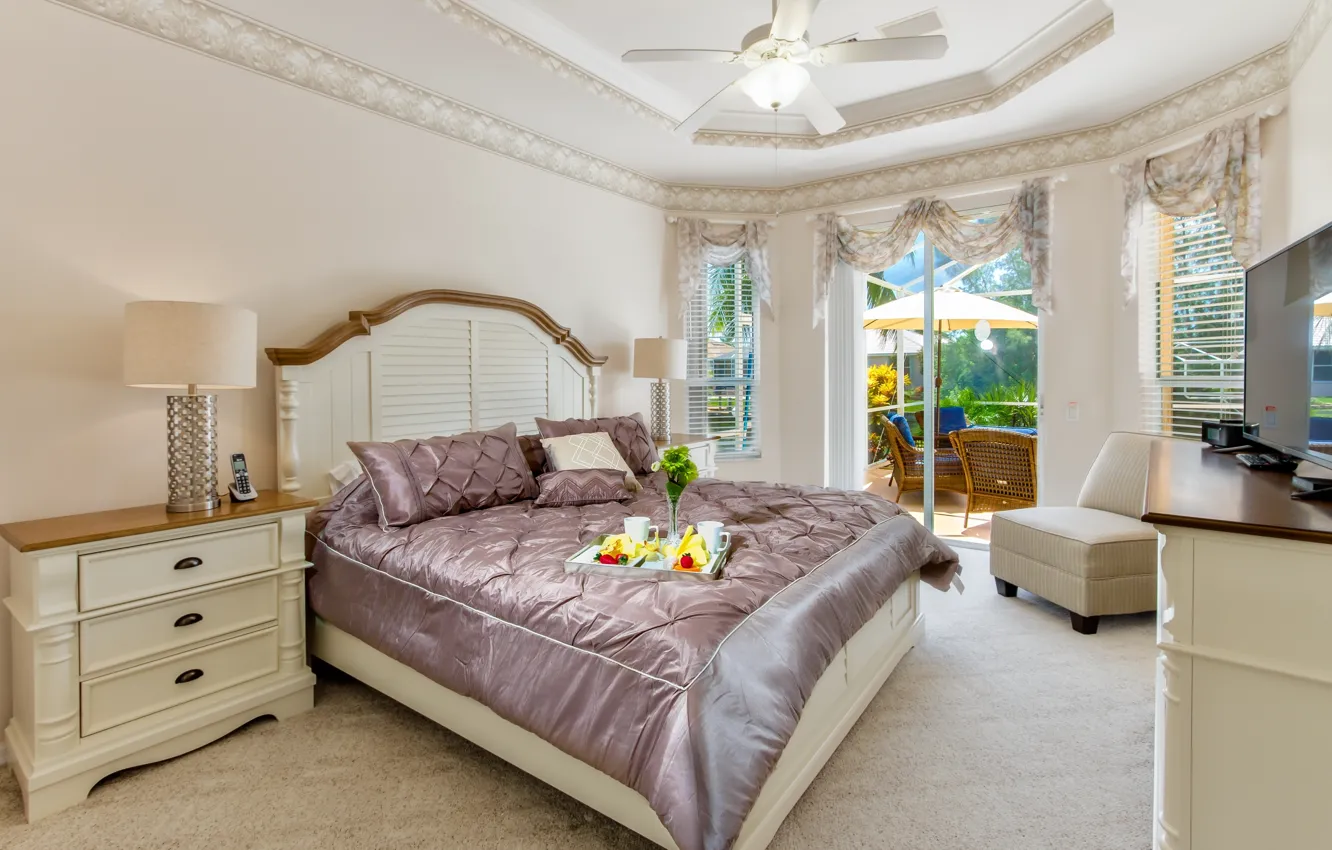 Photo wallpaper design, Windows, lamp, bed, chair, Breakfast, balcony, curtains