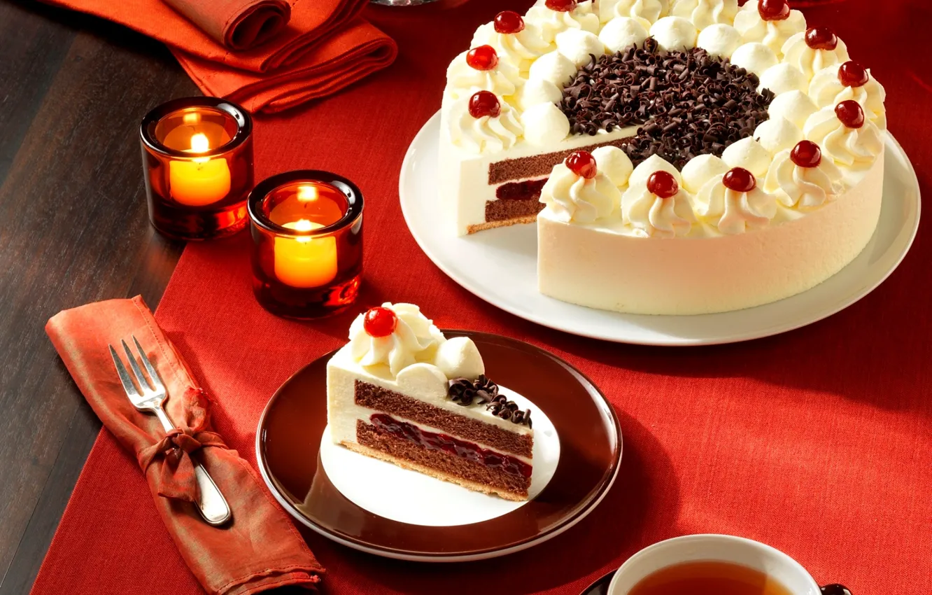 Photo wallpaper tea, food, candles, plate, cake, plug, cream, dessert