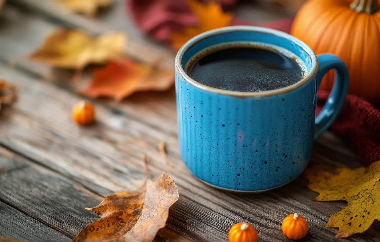 Photo wallpaper autumn, comfort, Board, coffee, mug, pumpkin, drink, autumn leaves