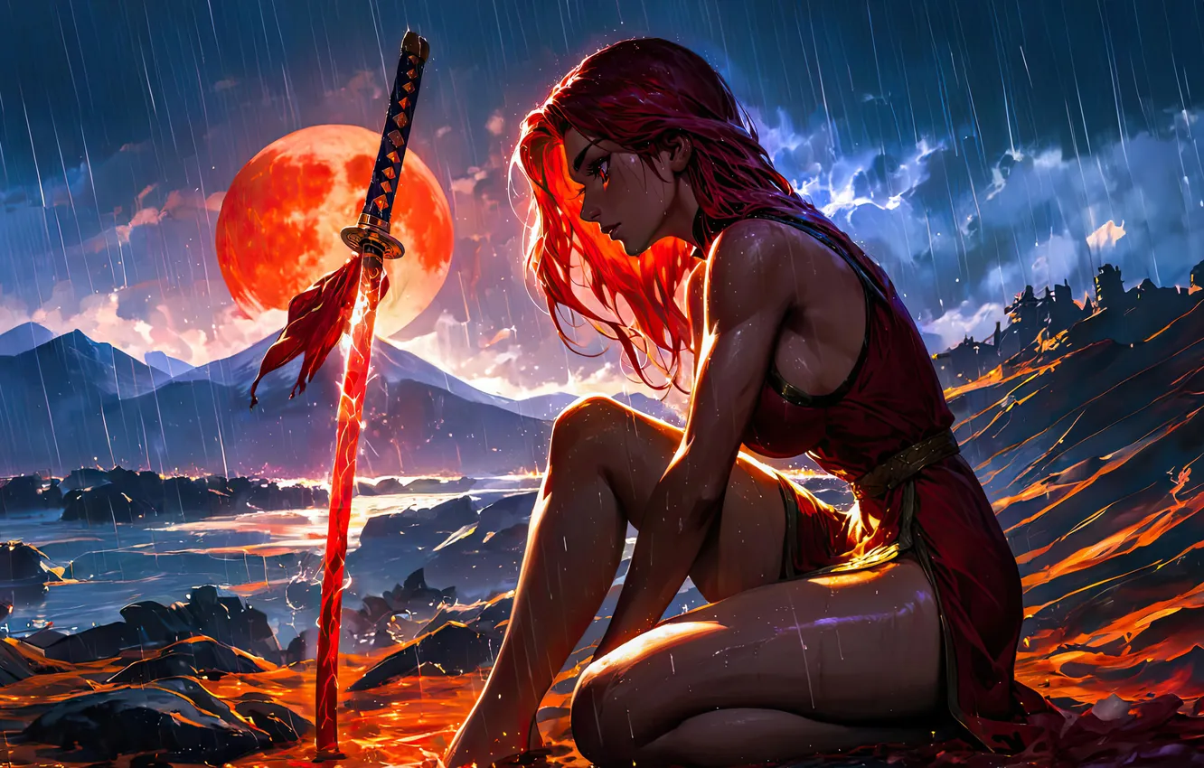 Photo wallpaper sword, rain, warrior