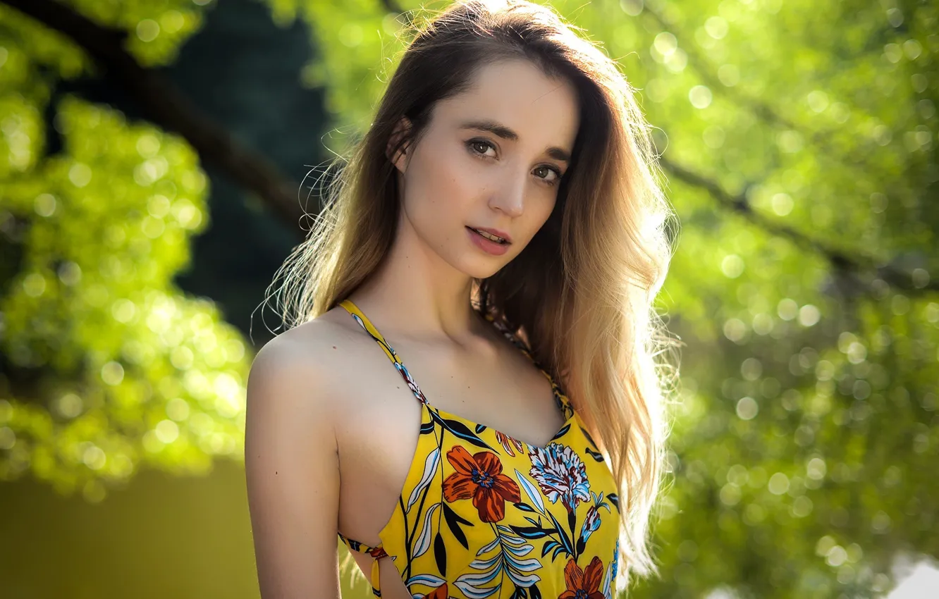 Photo wallpaper girl, long hair, trees, nature, model, women, bokeh, blonde