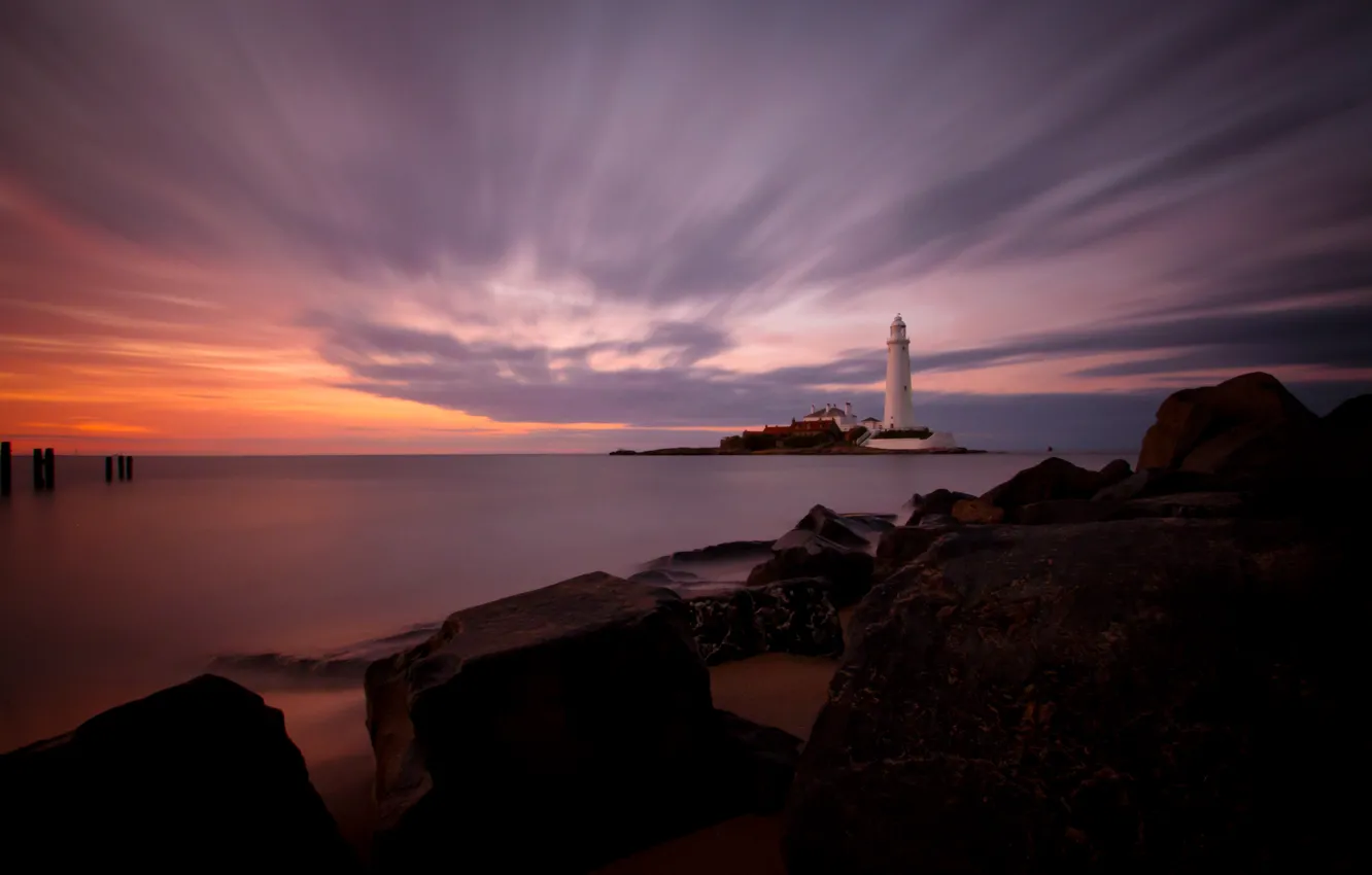 Photo wallpaper sea, sunset, stones, coast, lighthouse, island, England, horizon