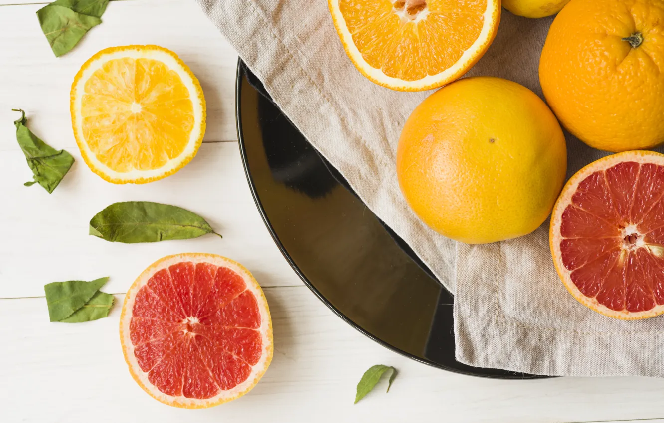 Photo wallpaper leaves, table, lemon, Board, orange, plate, citrus, fruit
