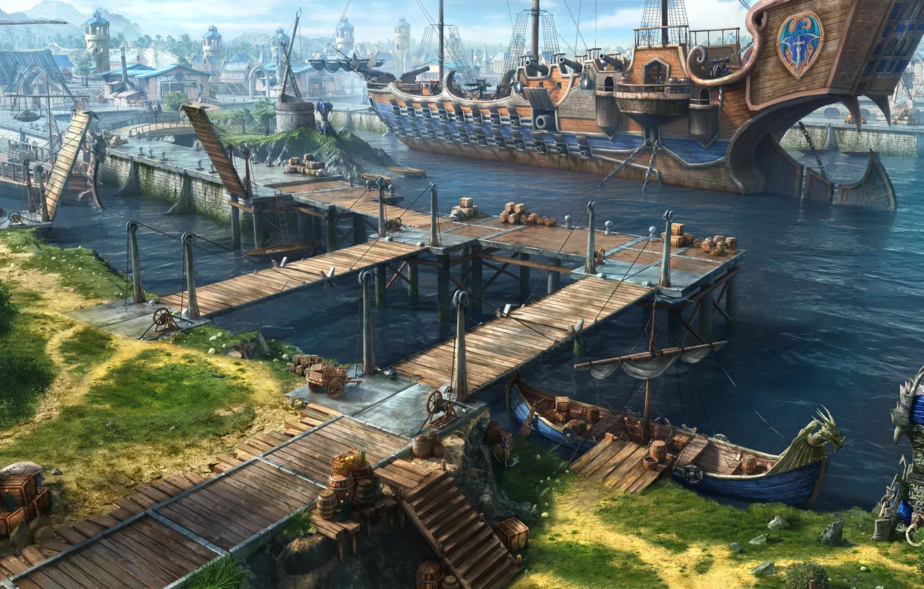 Photo wallpaper the city, ship, pier, art, port, Dragon Eternity, dragons of eternity