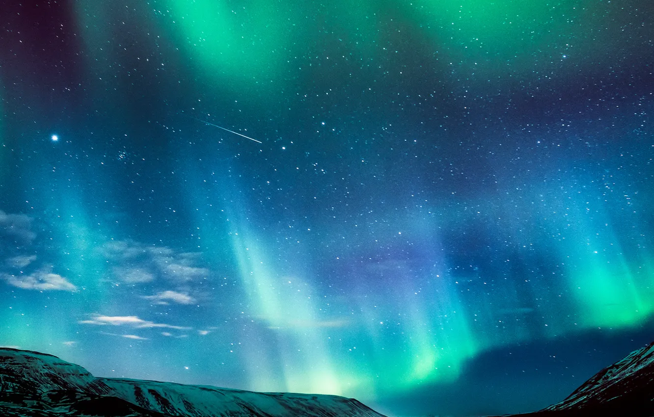 Photo wallpaper river, mountains, northern lights, meteor, aurora borealis