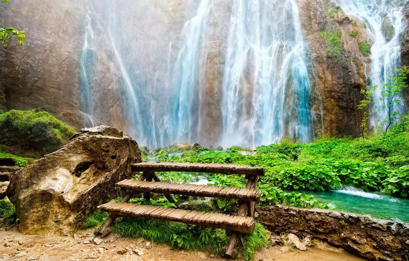 Photo wallpaper tropics, rocks, vegetation, waterfall, green, beautiful, Amazing Waterfall