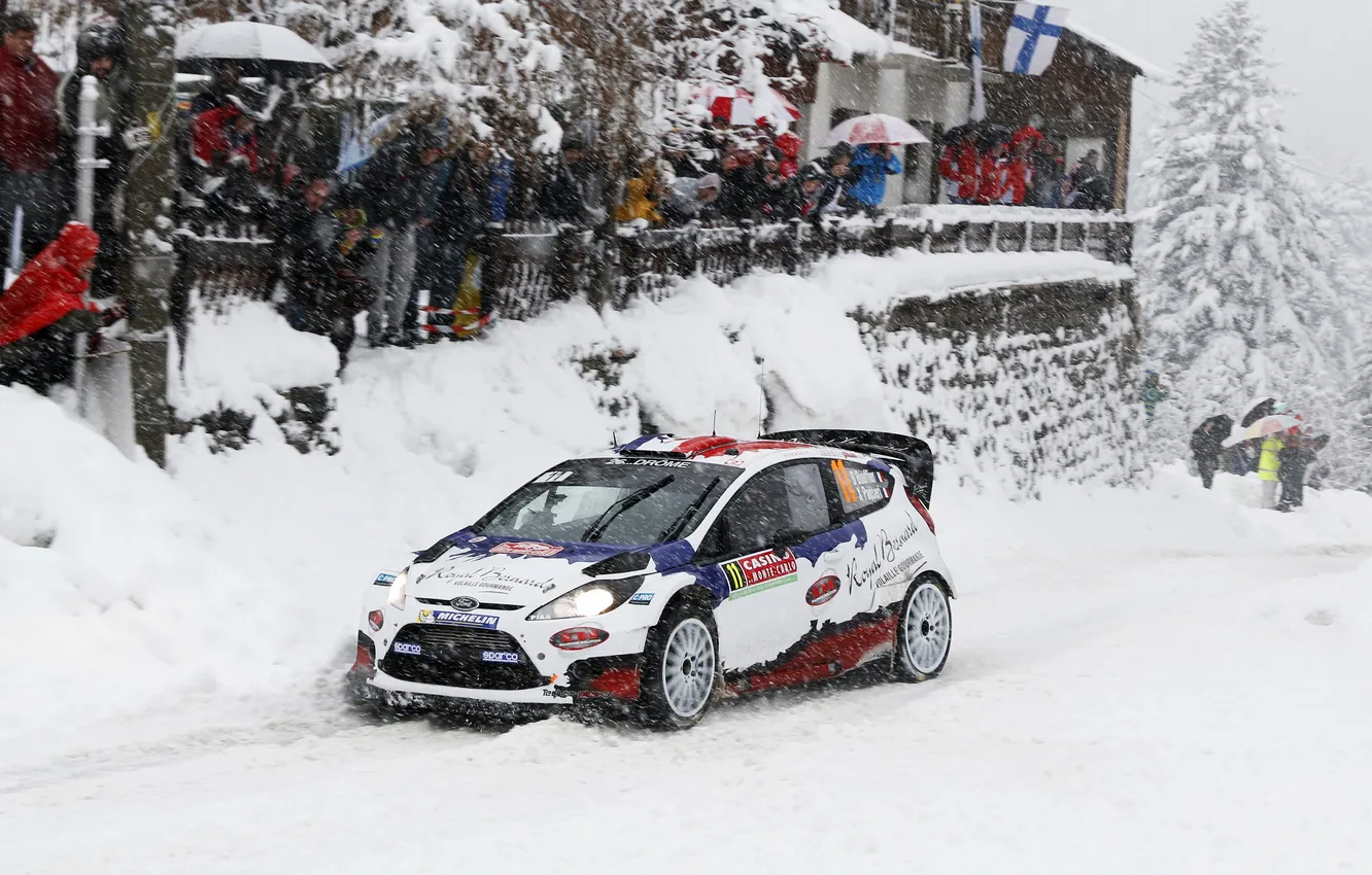 Photo wallpaper winter, machine, auto, snow, race, sport, Ford, The hood
