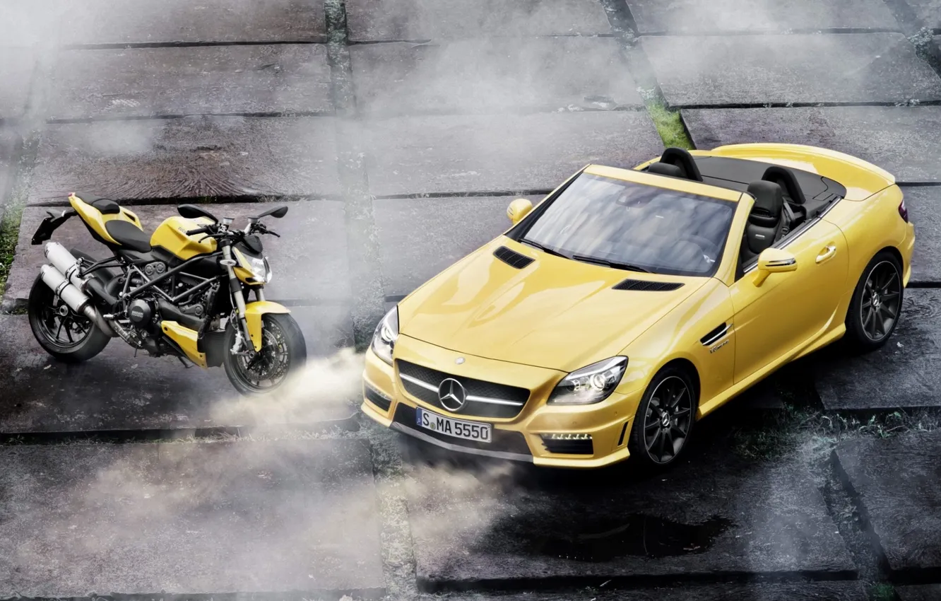 Photo wallpaper machine, yellow, Mercedes-Benz, plate, motorcycle, supercar, bike, Ducati