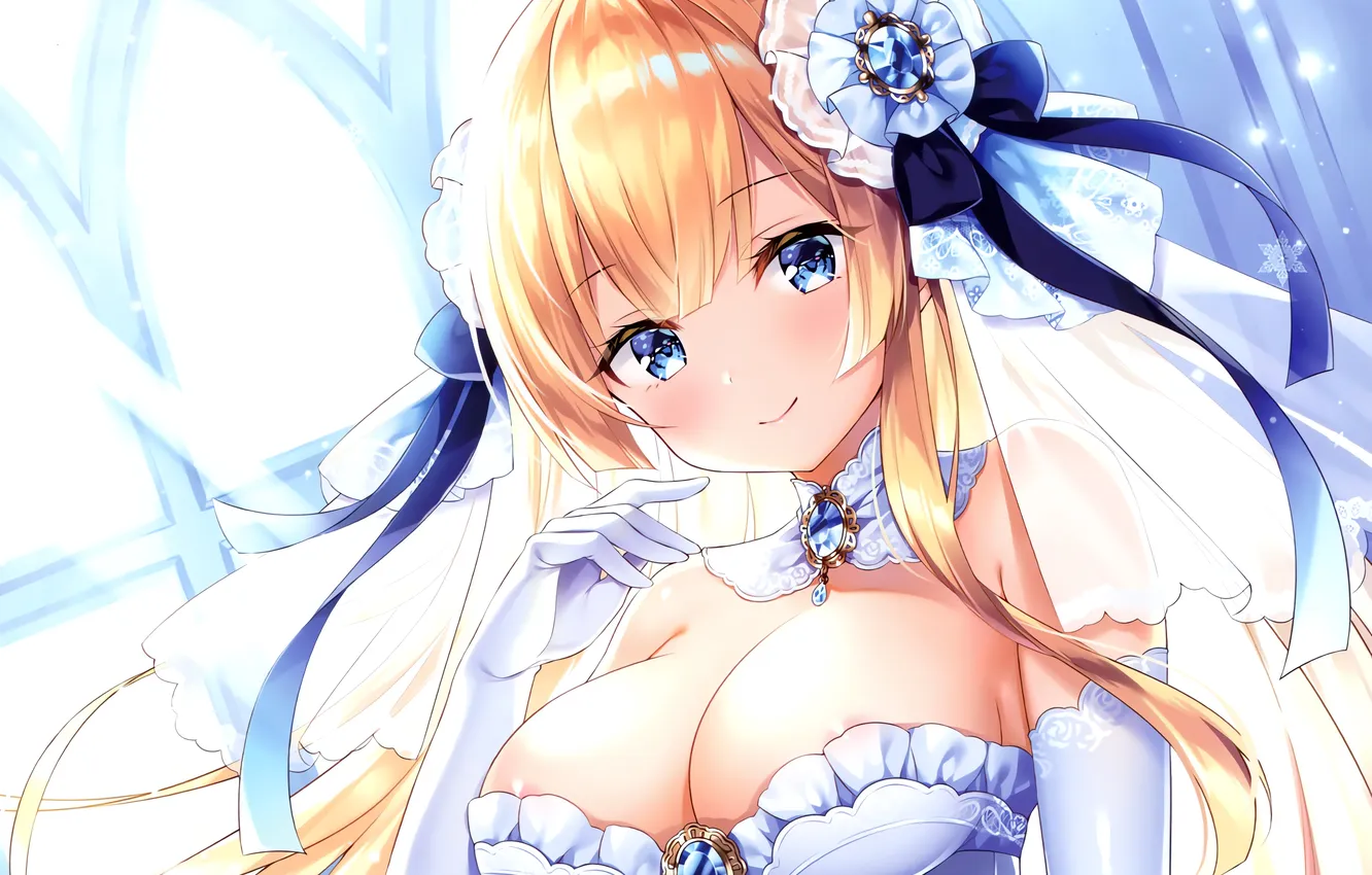 Photo wallpaper girl, sexy, cleavage, long hair, dress, boobs, anime, blue eyes