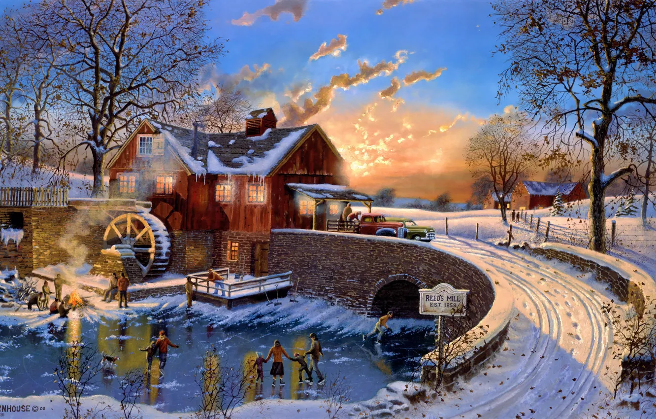 Photo wallpaper cold, winter, machine, bridge, house, ice, the evening, mill