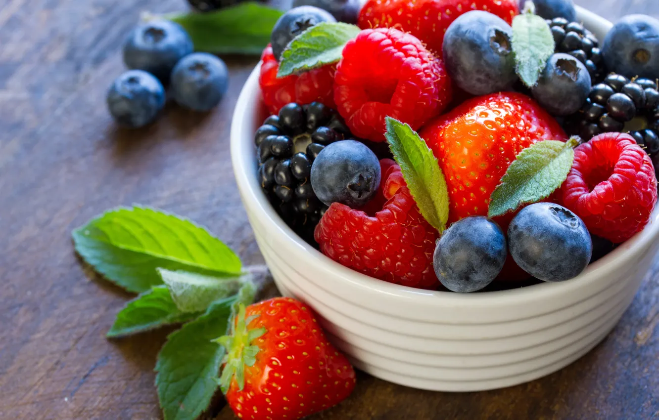 Photo wallpaper berries, raspberry, Breakfast, blueberries, strawberry, mint, dessert, vitamins
