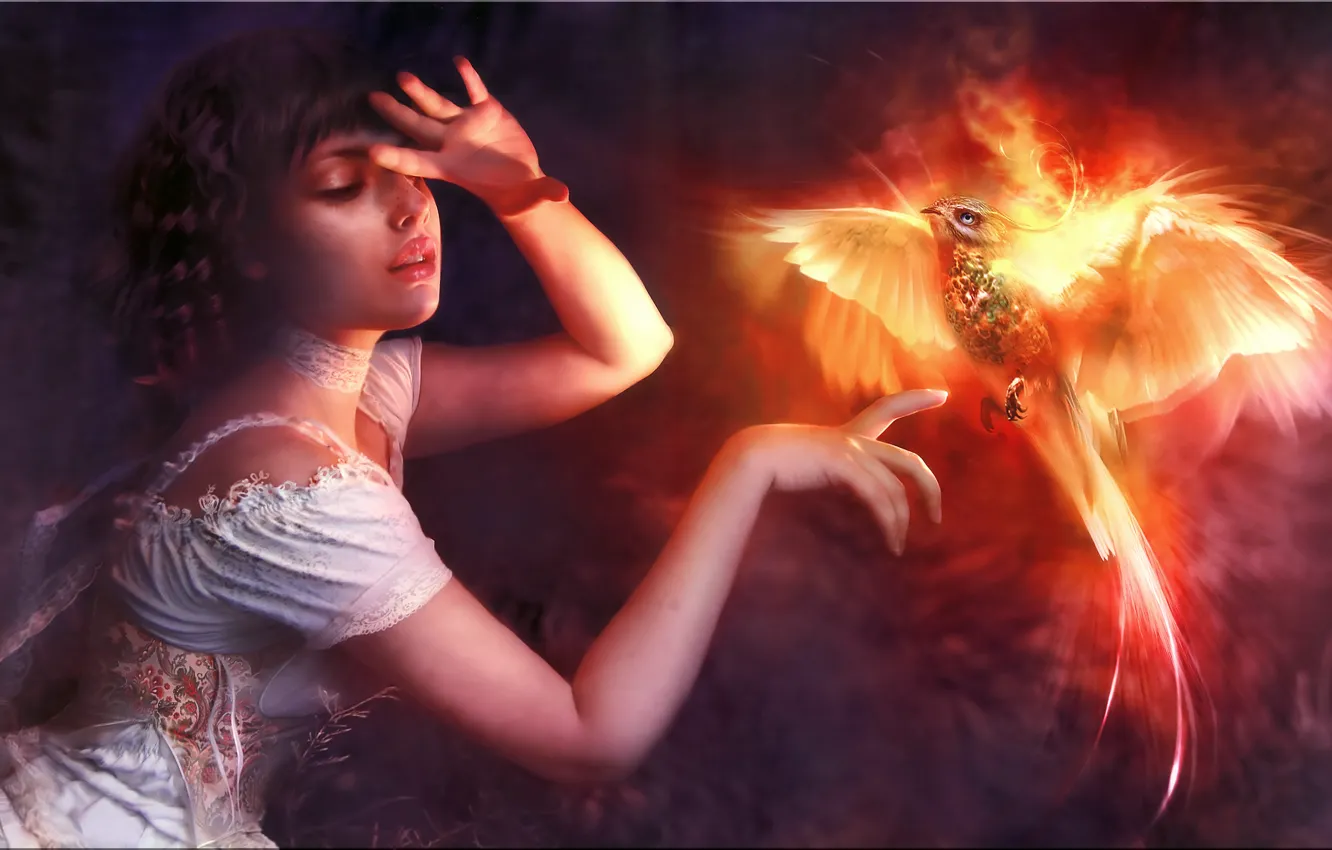 Photo wallpaper lights, bird, girl, Phoenix, the Firebird