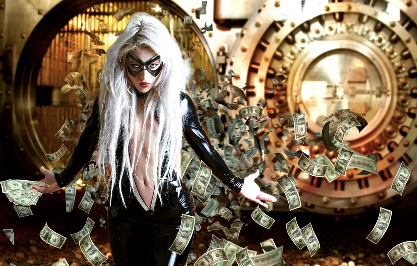 Photo wallpaper girl, money, mask, the Bank, robbery