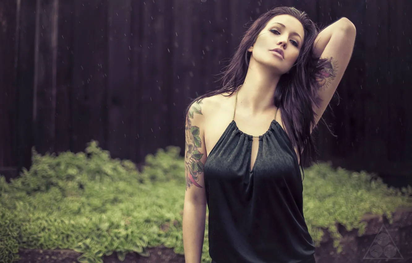 Photo wallpaper girl, rain, model, tattoo