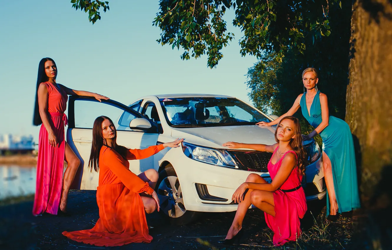 Photo wallpaper the sky, look, girl, dress, Kia, white car