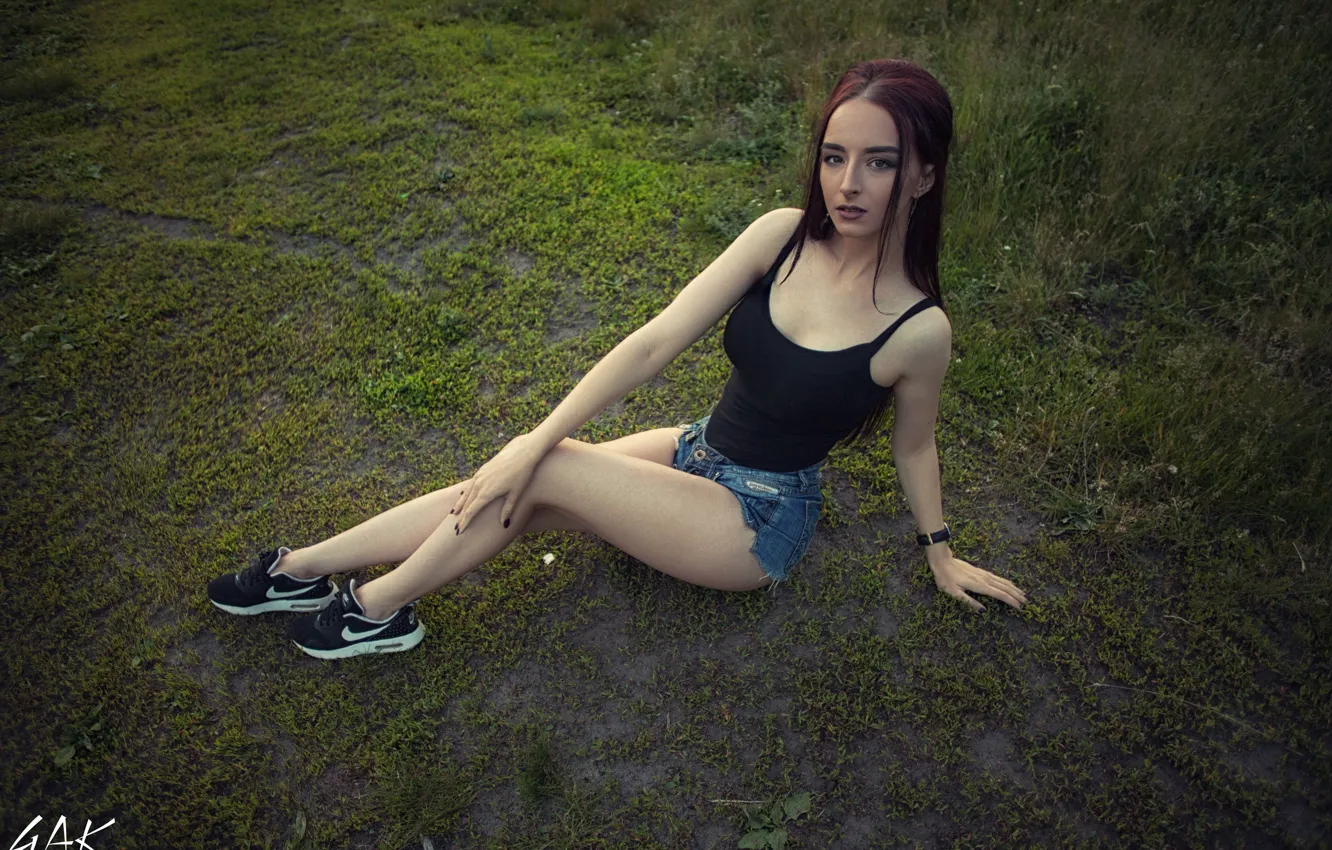 Photo wallpaper grass, look, nature, pose, model, shorts, portrait, makeup