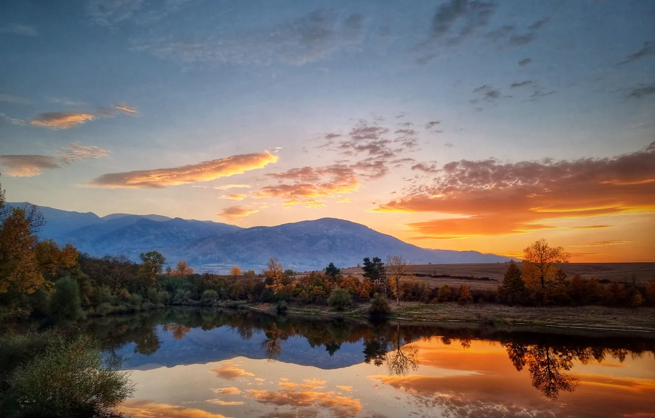 Photo wallpaper the sky, clouds, mountains, horizon, the reflection in the water, the beauty of nature, Picturesque …