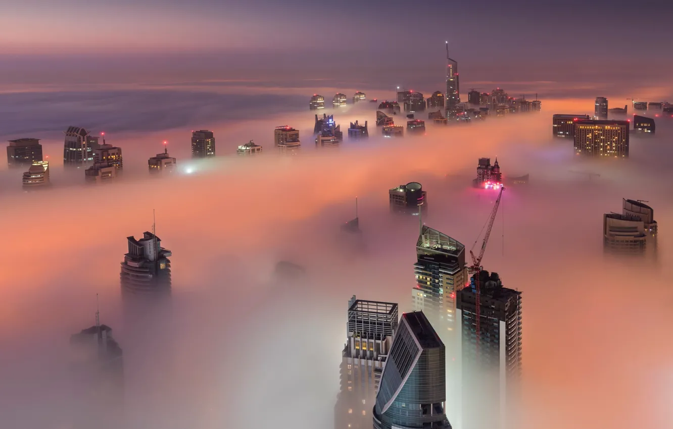 Photo wallpaper light, night, the city, fog, the evening, Dubai, UAE
